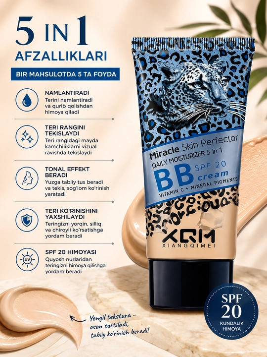 Miracle Skin BB kremi, SPF 15-20-25, 5 ta 1 da, yuz uchun tonal va namlantiruvchi krem