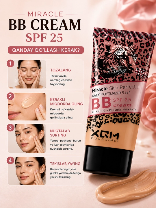 Miracle Skin BB kremi, SPF 15-20-25, 5 ta 1 da, yuz uchun tonal va namlantiruvchi krem