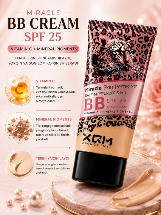 Miracle Skin BB kremi, SPF 15-20-25, 5 ta 1 da, yuz uchun tonal va namlantiruvchi krem