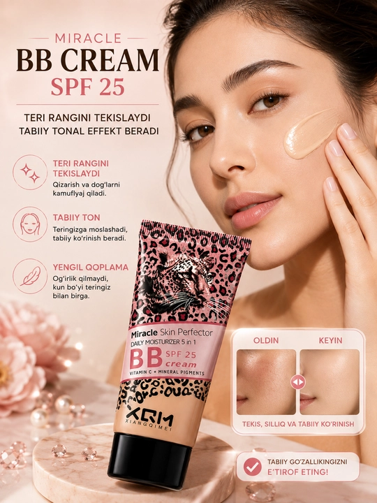 Miracle Skin BB kremi, SPF 15-20-25, 5 ta 1 da, yuz uchun tonal va namlantiruvchi krem