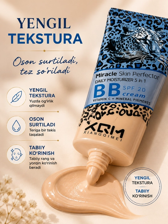 Miracle Skin BB kremi, SPF 15-20-25, 5 ta 1 da, yuz uchun tonal va namlantiruvchi krem
