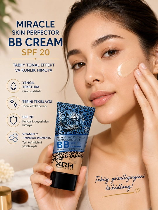 Miracle Skin BB kremi, SPF 15-20-25, 5 ta 1 da, yuz uchun tonal va namlantiruvchi krem