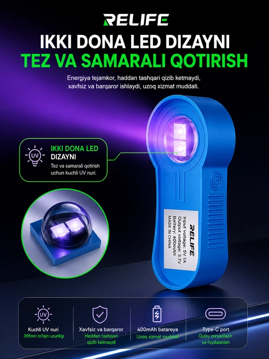 Relife RL-014F mini UV-lampa, 395 nm, 2 LED, plata ta’mirlash uchun