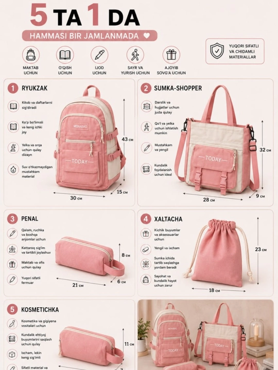 Ryukzag Maktab uchun 5 tasi 1 da, o‘quvchi sumkasi, penal, shopper, xaltacha, kosmetichka