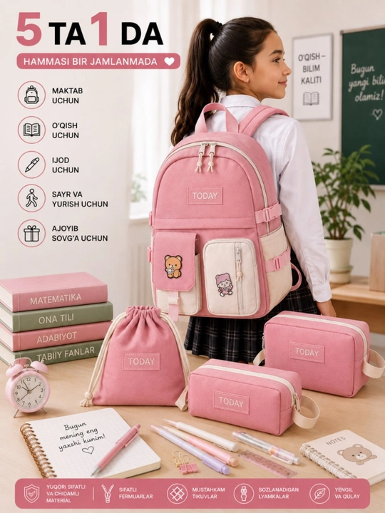 Ryukzag Maktab uchun 5 tasi 1 da, o‘quvchi sumkasi, penal, shopper, xaltacha, kosmetichka