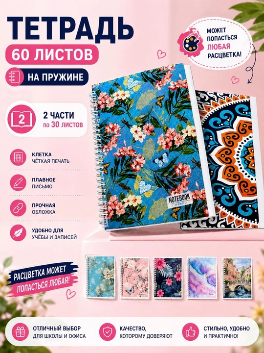 Тетрадь на пружине 60 листов. 2 блока по 30 листов - 