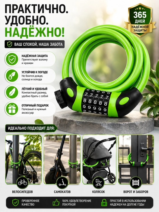 Замок тросовый кодовый, для велосипеда 5-значный спиральный замок, с креплением