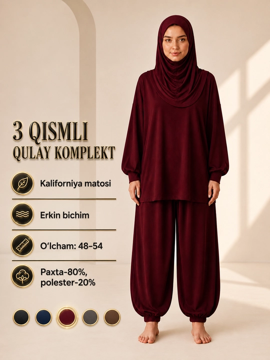 Ayollar uchun kuzgi troyka 3 tasi 1 da Sultanka keng shim keng tunika va boni 48,50,52,54