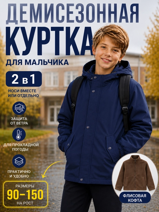 O‘g‘il bolalar kurtkasi 2v1, bolalar uchun, mavsumiy, flisli, kapyushonli, 90–150 sm - 