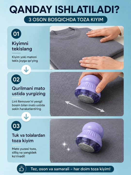 Kiyim va matolar uchun tuk hamda katishka tozalagich