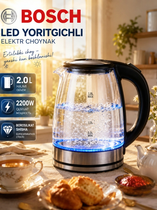 Elektr choynak BOSCH  tefal choynaklar 2.0 L 1500W LED, yoritkichli - 