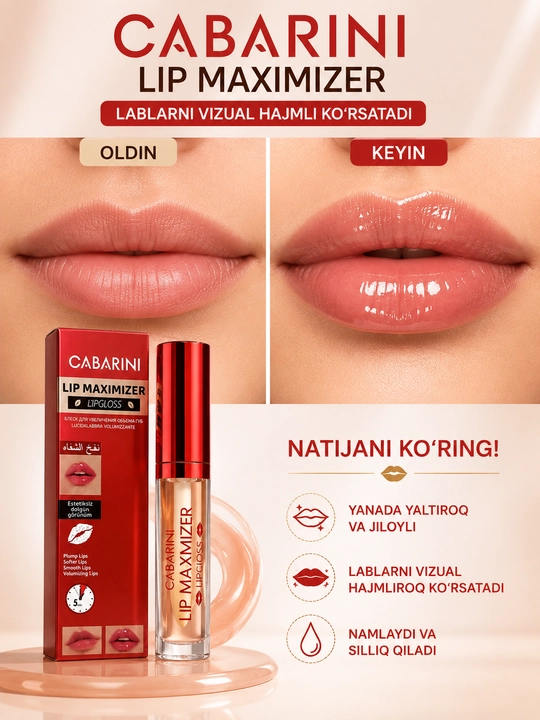 CABARINI Lip Maximizer lablar uchun yaltiroq, hajmni oshirish effektiga ega