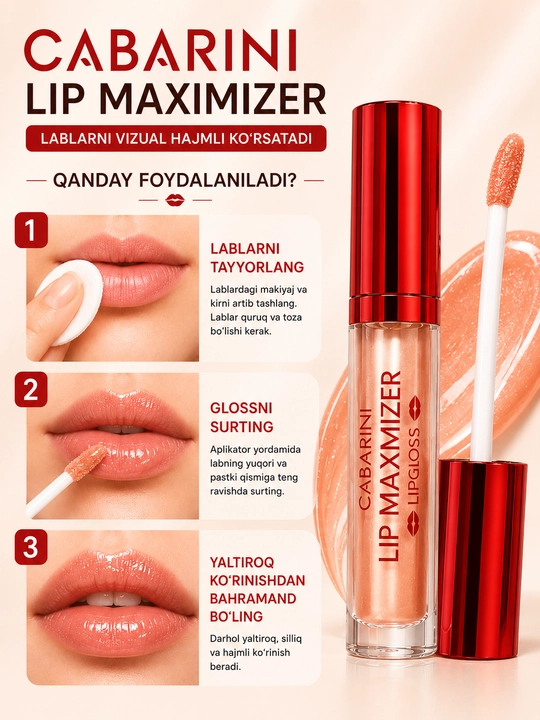 CABARINI Lip Maximizer lablar uchun yaltiroq, hajmni oshirish effektiga ega