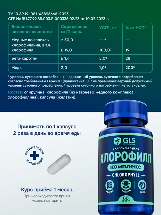 Хлорофилл + Спирулина комплекс — бад для похудения, детокса и красоты, 60 капсул