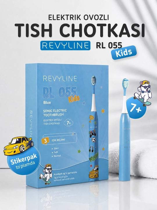 Elektr bolalar tish cho‘tkasi Revyline RL 055 Kids, tovushli, 7+, 3 rejim, 2 nasadka