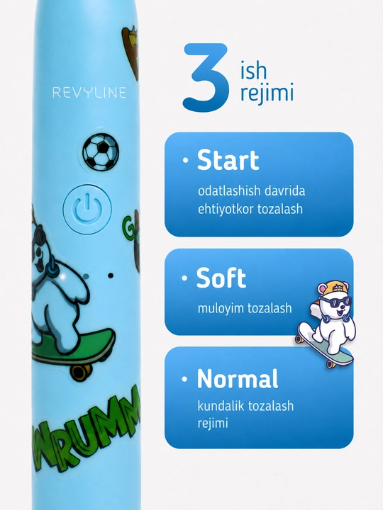 Elektr bolalar tish cho‘tkasi Revyline RL 055 Kids, tovushli, 7+, 3 rejim, 2 nasadka