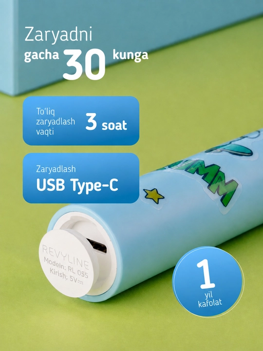 Elektr bolalar tish cho‘tkasi Revyline RL 055 Kids, tovushli, 7+, 3 rejim, 2 nasadka