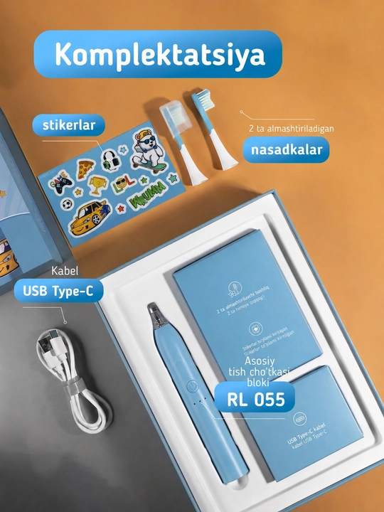 Elektr bolalar tish cho‘tkasi Revyline RL 055 Kids, tovushli, 7+, 3 rejim, 2 nasadka