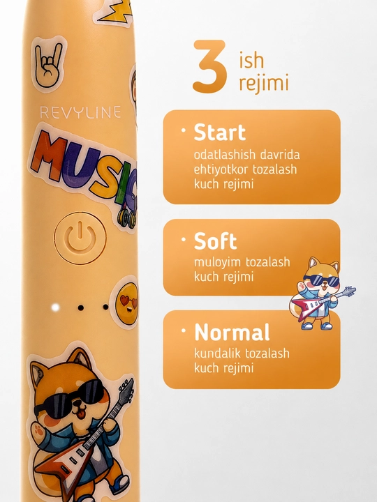 Elektr bolalar tish cho‘tkasi Revyline RL 055 Kids, tovushli, 7+, 3 rejim, 2 nasadka