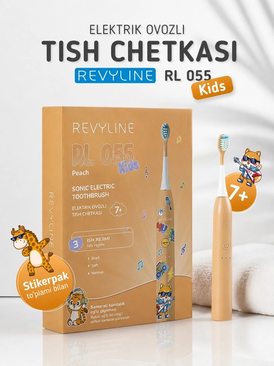 Elektr bolalar tish cho‘tkasi Revyline RL 055 Kids, tovushli, 7+, 3 rejim, 2 nasadka