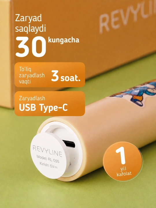 Elektr bolalar tish cho‘tkasi Revyline RL 055 Kids, tovushli, 7+, 3 rejim, 2 nasadka