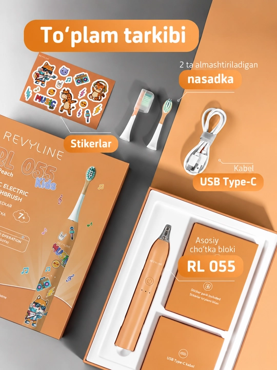 Elektr bolalar tish cho‘tkasi Revyline RL 055 Kids, tovushli, 7+, 3 rejim, 2 nasadka