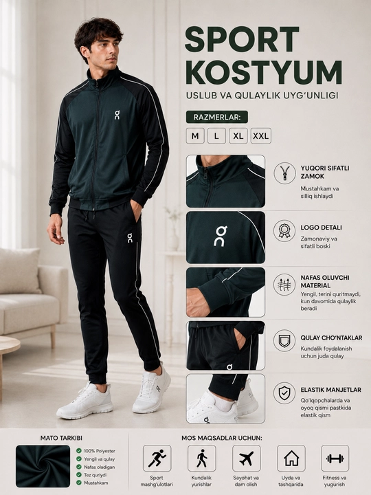 Erkaklar sport kostyumi, kuzgi sport kostyum - kurtka va shim - 