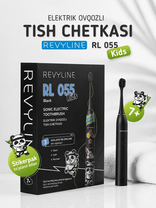 Elektr bolalar tish cho‘tkasi Revyline RL 055 Kids, tovushli, 7+, 3 rejim, 2 nasadka