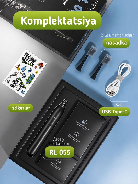 Elektr bolalar tish cho‘tkasi Revyline RL 055 Kids, tovushli, 7+, 3 rejim, 2 nasadka