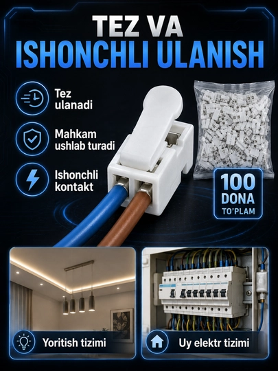 Klemma elektr simlar uchun, 100 dona, sim ulash zajimi va tezkor qisqichlar to‘plami