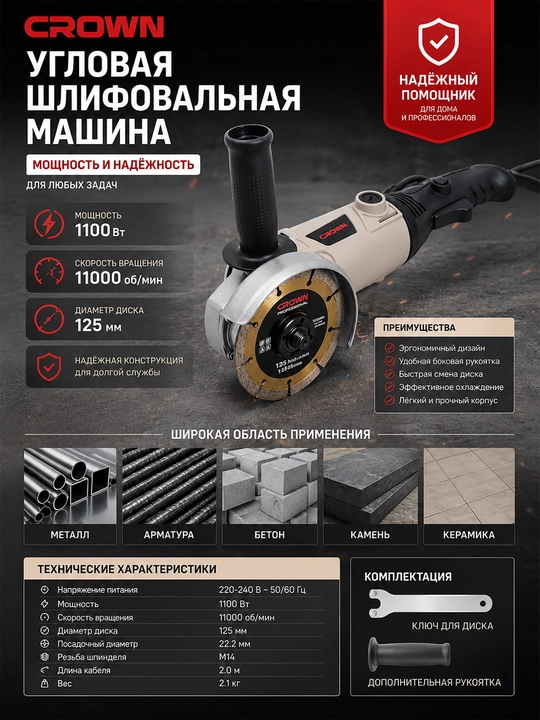Болгарка 125 мм с регулировкой скорости, профессиональная угловая шлифмашина - 