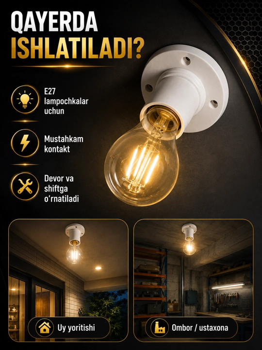 E27 devor patroni, elektr lampochkasini o‘rnatish uchun rezbali asos