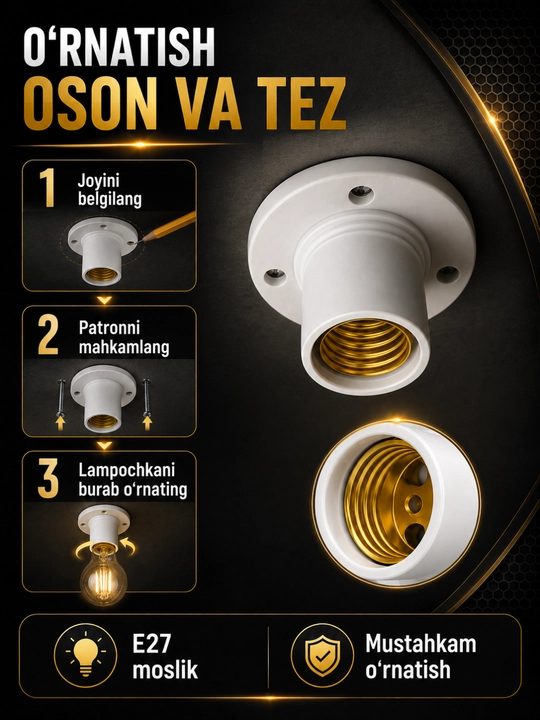 E27 devor patroni, elektr lampochkasini o‘rnatish uchun rezbali asos