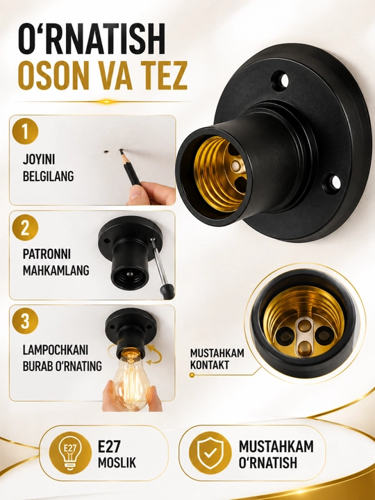 E27 devor patroni, elektr lampochkasini o‘rnatish uchun rezbali asos