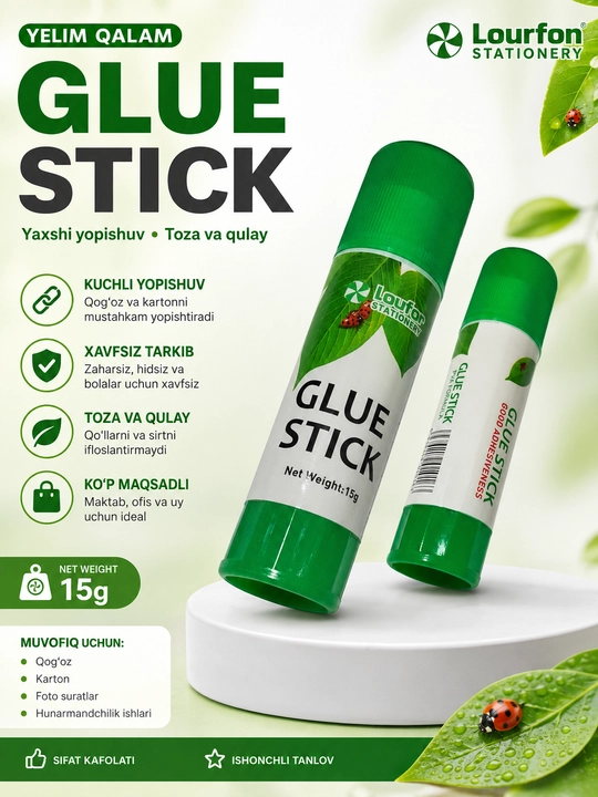 Kley, yelim qalam, qog‘oz va karton uchun 9 g, 15 g; maktab, ofis va uy uchun, glue stick - 