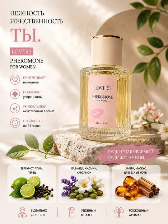 Feramon Loverss ayollar uchun nozik va oziga jalb qiluvchi ifor, 50 ml