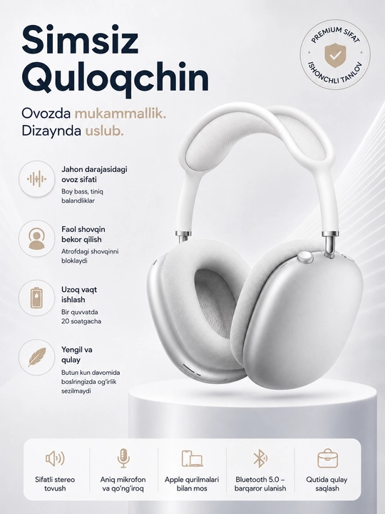 AI MAX mikrofonli to‘liq o‘lchamli simsiz quloqchinlar, Android va iPhone uchun quloqchinlar