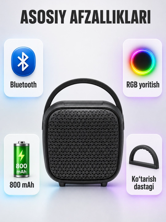  Kolonka simsiz portativ Bluetooth, ko‘tarish dastakli, USB orqali quvvatlanadigan