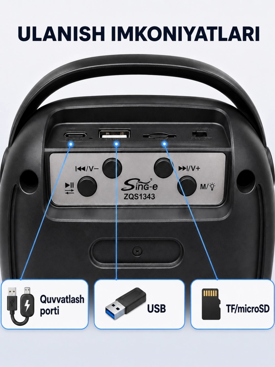  Kolonka simsiz portativ Bluetooth, ko‘tarish dastakli, USB orqali quvvatlanadigan