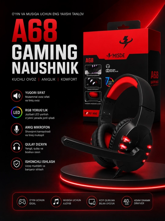 Kompyuter, noutbukvasmartfon uchun RGB LED mikrofonli A68 Gaming stereo o‘yin naushniklari - 