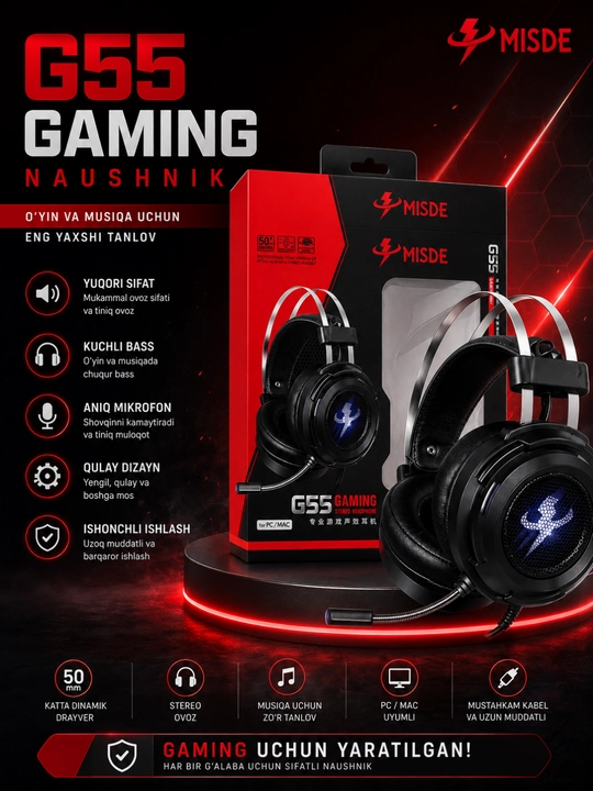 RGB LED, kompyuter va Mac uchun mikrofonli MISDE G55 o‘yin stereo naushniklari - 