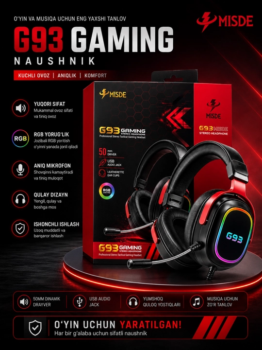 MISDE G93 Gaming Stereo Naushnik RGB Mikrofonli Simli Quloqchin PC va Mac uchun - 