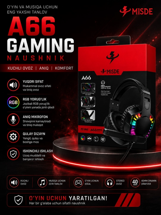 MISDE A66 Gaming Stereo Naushnik RGB Mikrofonli Simli Quloqchin PC va Mac uchun - 