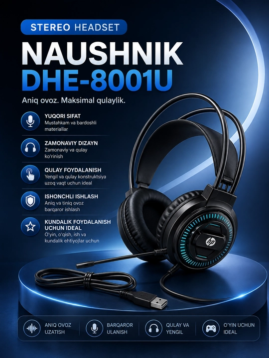 Hp stereo headset dhe-8001u usb mikrofonli quloqchin kompyuter va noutbuk uchun qora - 