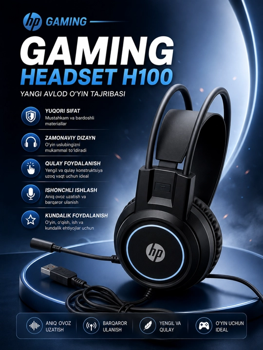 RGB yoritgichli, simli, mikrofonli, kompyuter va noutbuk uchun mo‘ljallangan HP H100 o‘yin garniturasi - 