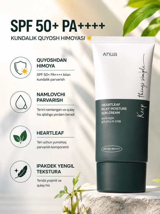 Anua Heartleaf Silky Moisture Sun Cream SPF 50+ PA++ yuz uchun quyoshdan himoyalovchi krem
