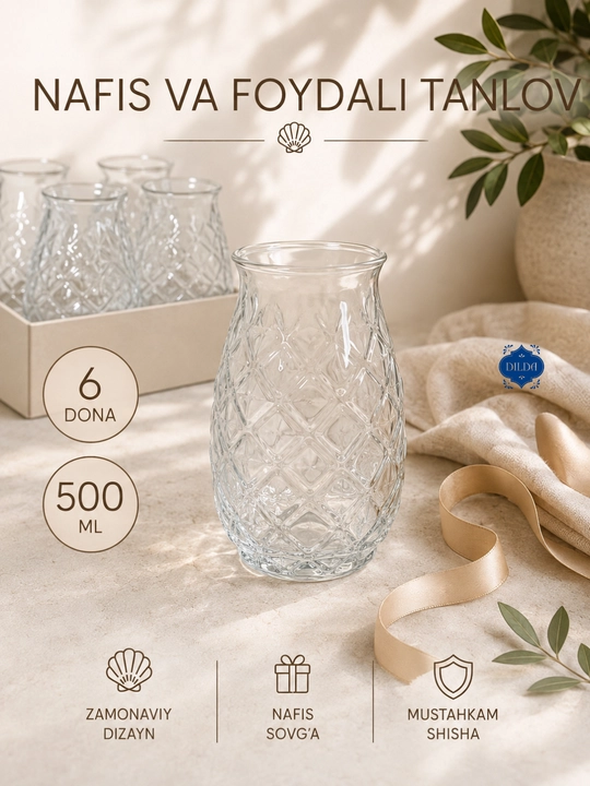 Rangli shisha stakanlar to‘plami, 6 dona, 330 ml, suv, sharbat va sovuq ichimliklar uchun