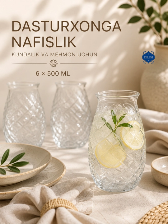 Rangli shisha stakanlar to‘plami, 6 dona, 330 ml, suv, sharbat va sovuq ichimliklar uchun