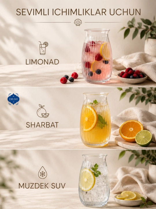 Rangli shisha stakanlar to‘plami, 6 dona, 330 ml, suv, sharbat va sovuq ichimliklar uchun