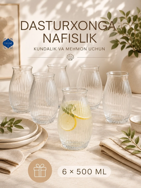 Rangli shisha stakanlar to‘plami, 6 dona, 330 ml, suv, sharbat va sovuq ichimliklar uchun
